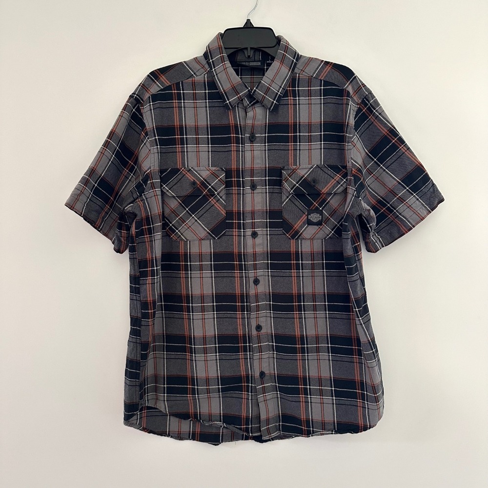 Harley Davidson Mens Plaid Short Sleeve Button Up Shirt Size Large Grunge Biker